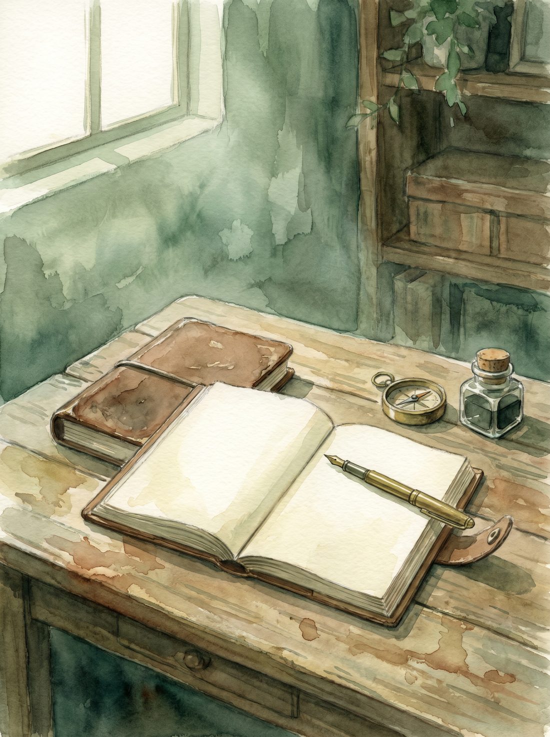 A blank open leather ledger on a weathered wooden desk, a brass fountain pen resting across the page, a small brass compass and a glass inkwell nearby, sage-green light from a window  Ghibli-style watercolor.