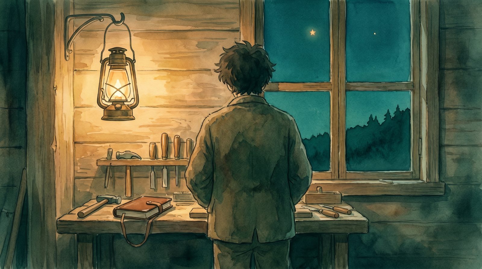 Interior of a small wooden workshop at night, a solitary back-turned figure at a workbench under a hanging brass lantern, hammers and a journal on the bench, a mullioned window beyond him showing deep pine night with a single gold star.