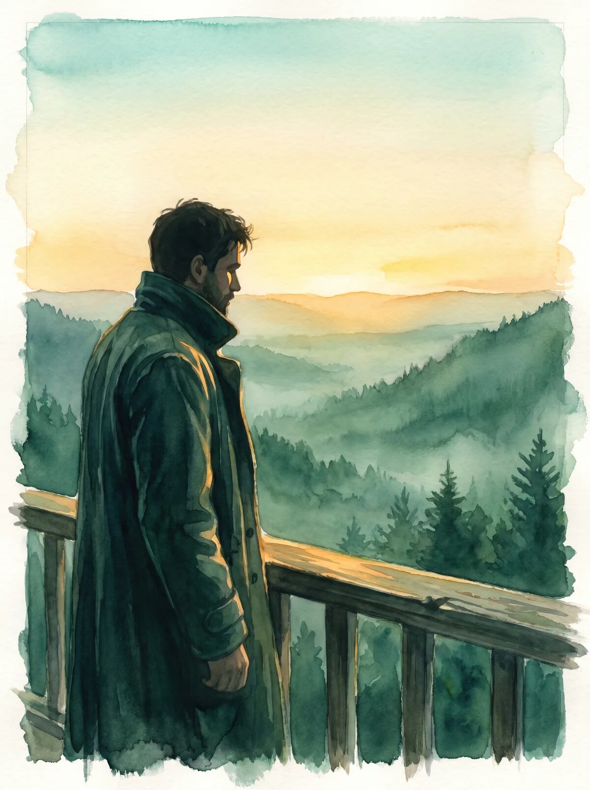 A man in a weathered coat stands on a wooden porch in profile, looking out over a deep pine valley at sunset, face partially in shadow.