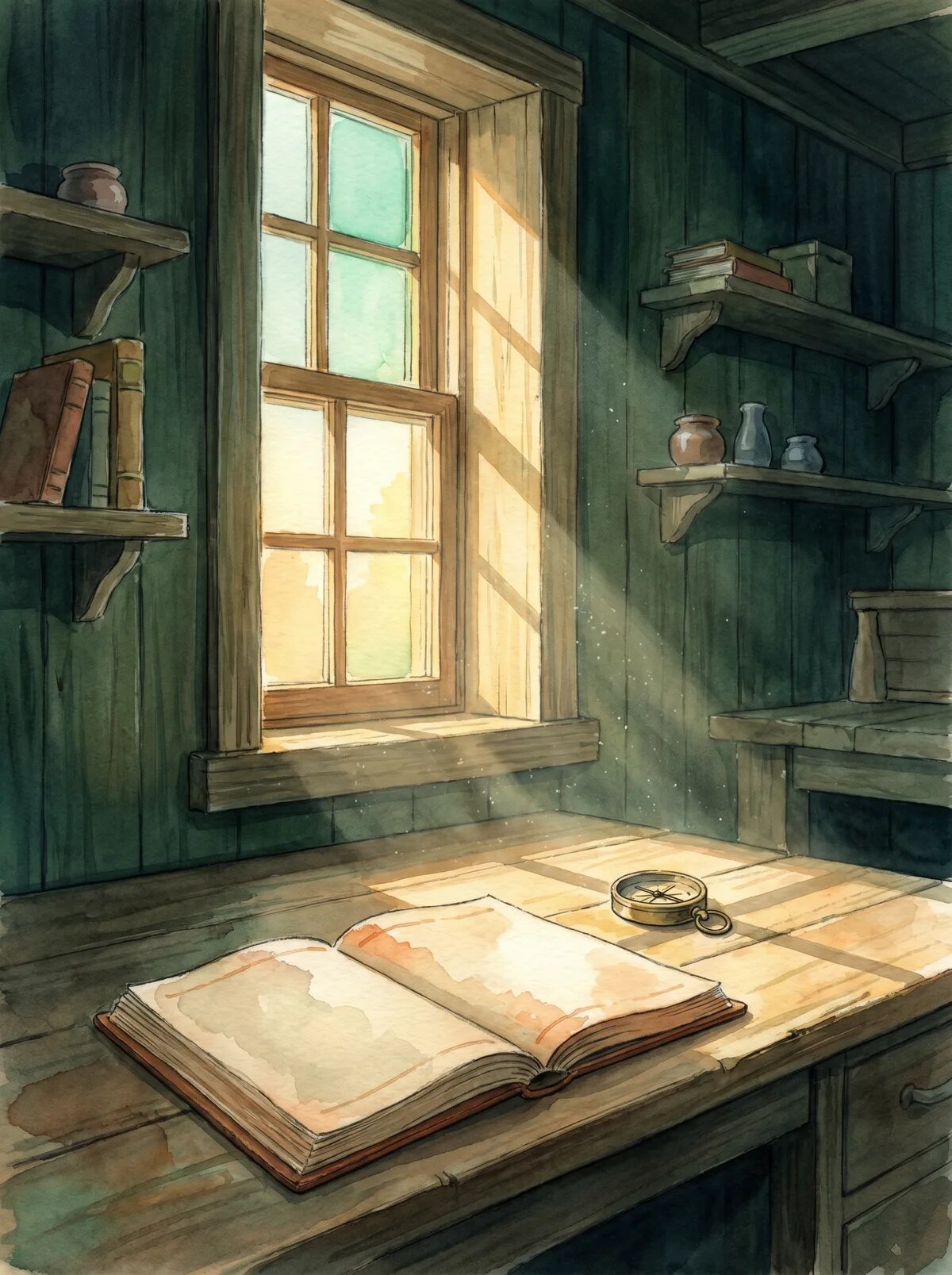 A quiet wooden workshop interior with an open ledger and a brass compass on a desk by a tall window, warm afternoon gold light slanting in across the wood.