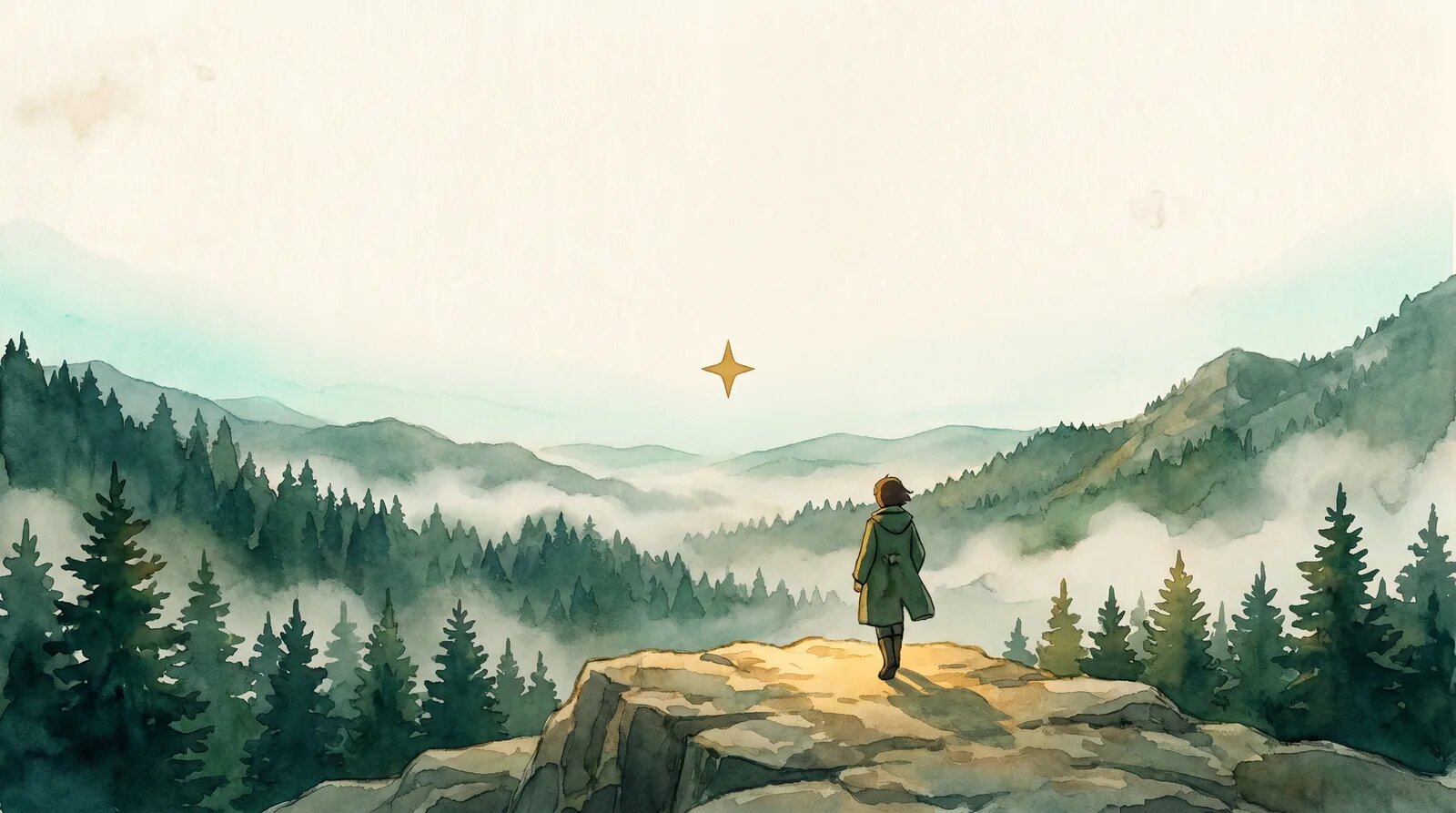 A solitary figure in a long coat walking along a high stone ridge at dusk toward a valley of deep pine forest, with a small gold star low on the horizon.
