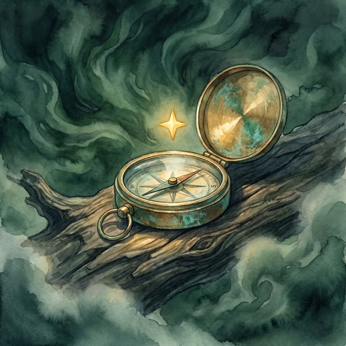 A weathered brass compass open on dark wood with a small four-pointed gold star hovering above its needle in deep pine atmospheric haze.