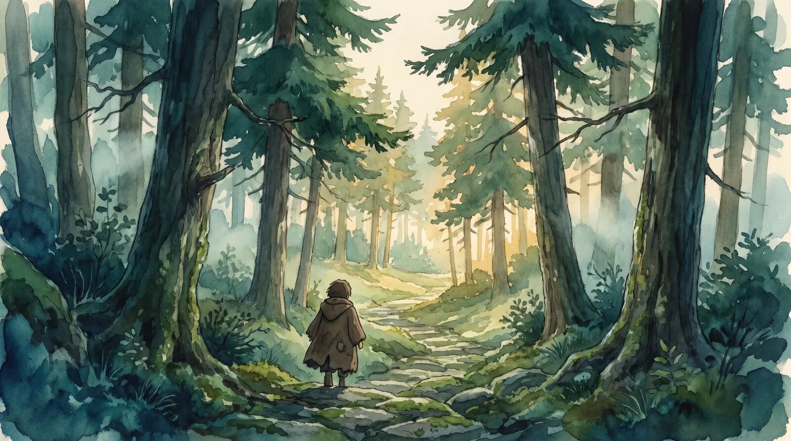 A lone figure in a coat descends a stone path through tall evergreen pines at first light, cold blue-green shadow in the trunks, warm gold morning light ahead.